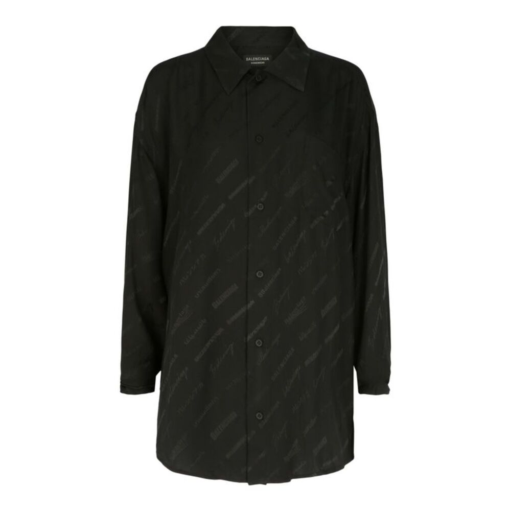 Balenciaga Minimal Logomania Long-Sleeve Silk Shirt Black Womens